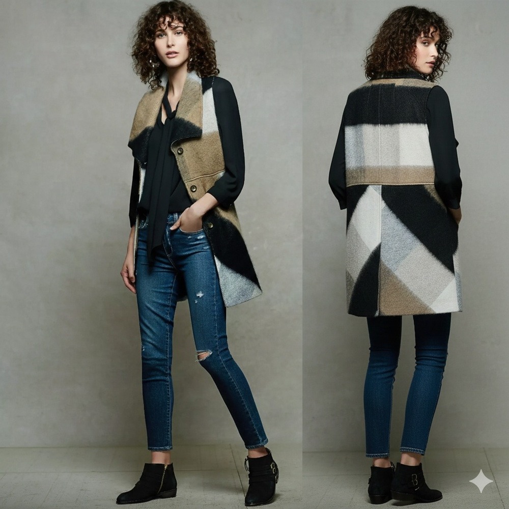 ELEVENSES Plaid  Vest Long Beige Black White Women‎ XS